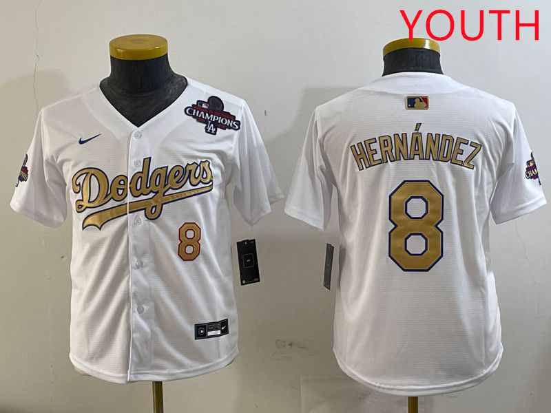 Youth Los Angeles Dodgers #8 Hernandez White Champion gold character 2025 Nike MLB Jersey style 2
